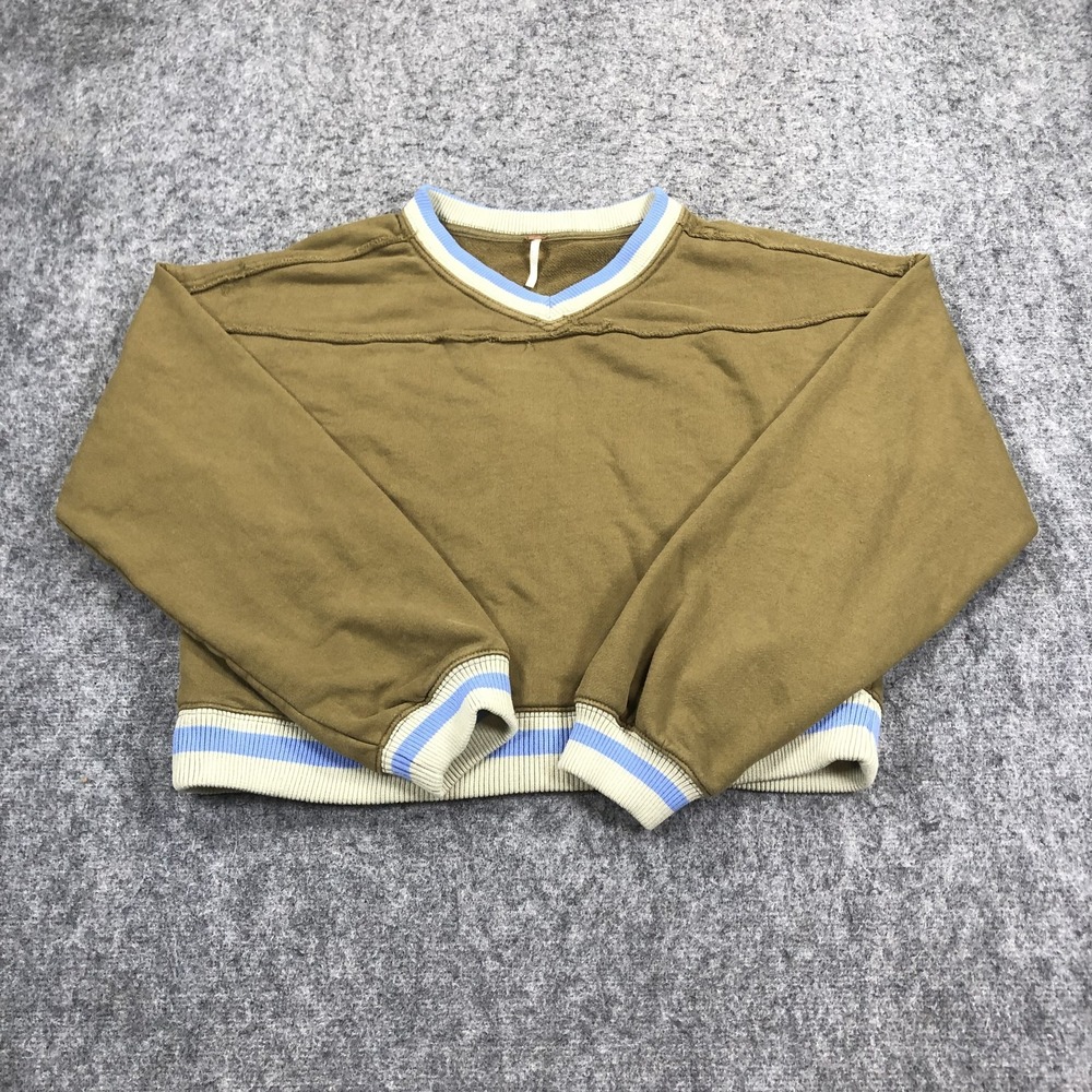 Free People Rio Sweatshirt Womens L Green Blue V Neck Cropped Varsity Pullover